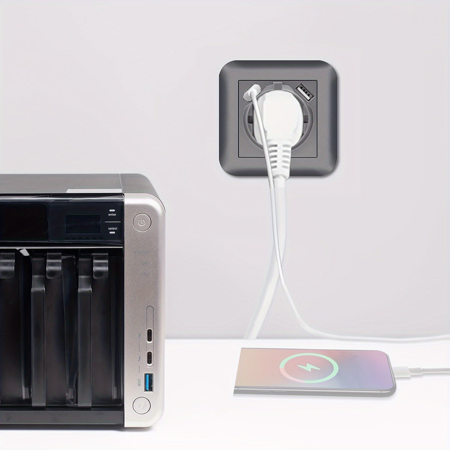 16A devor rozetkasi USB va Type-C port bilan, yong‘in oldini oluvchi panel, qora, oq, kulrang