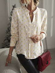 Women's Plus Size Deep V-Neck Long Sleeve Polyester Blouse with Gold Polka Dots