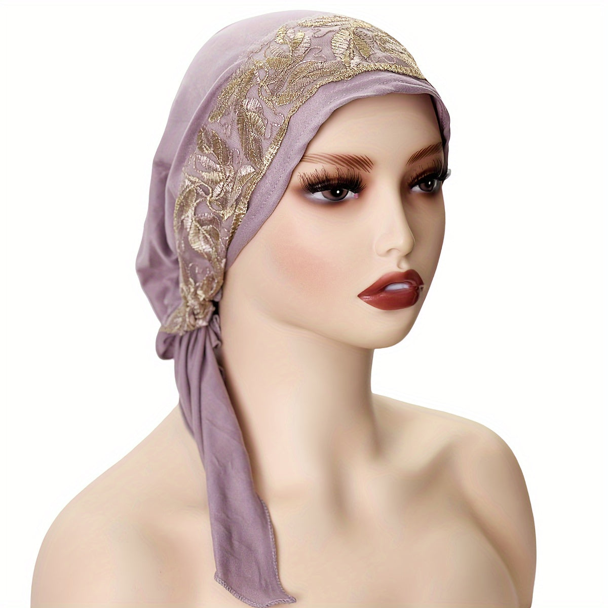 Black Elastic Chemo Hat with Embroidered Turban Design and Tails