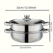 Stainless Steel 2-Tier Steamer Set with Glass Lid for Food and Vegetables Kitchen Cookware