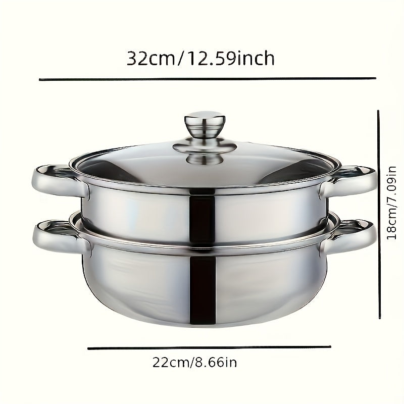 Stainless Steel 2-Tier Steamer Set with Glass Lid for Food and Vegetables Kitchen Cookware