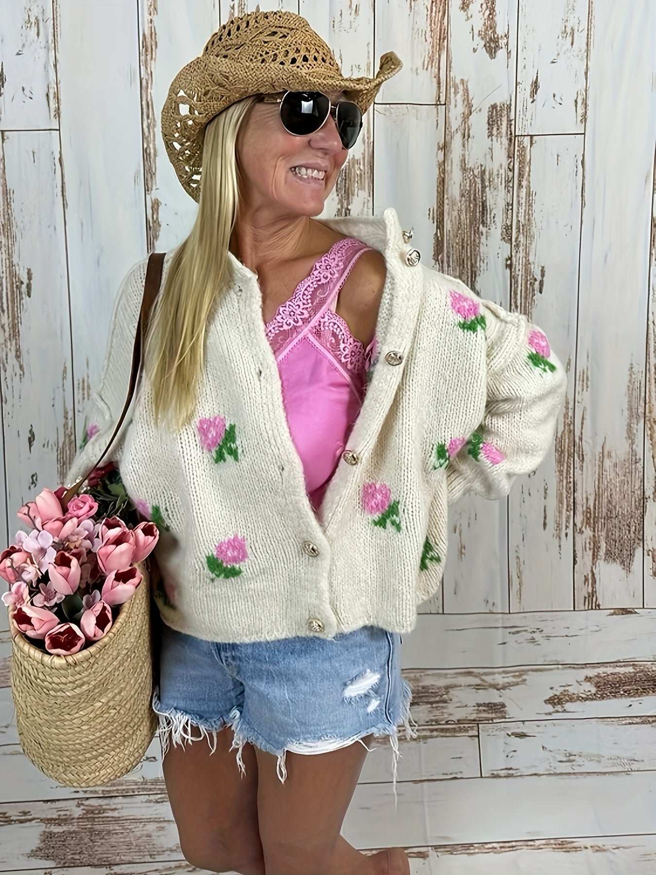 Women's Floral Print Cardigan Textured Knit Autumn Fall Long Sleeve
