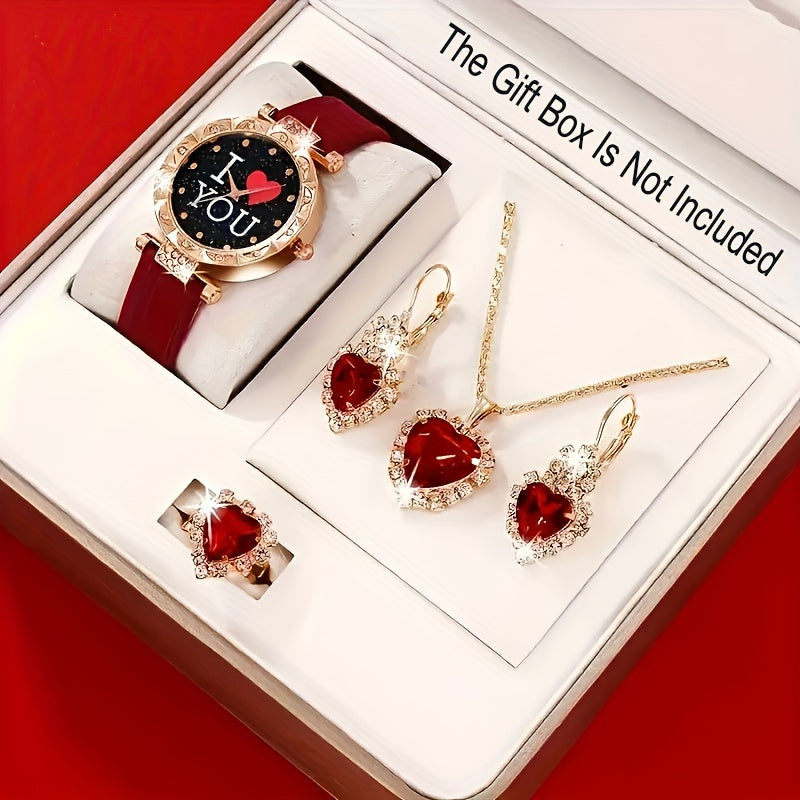 Women's Rhinestone Quartz Watch and Jewelry Set with Heart "I Love You" Design 5 Pieces