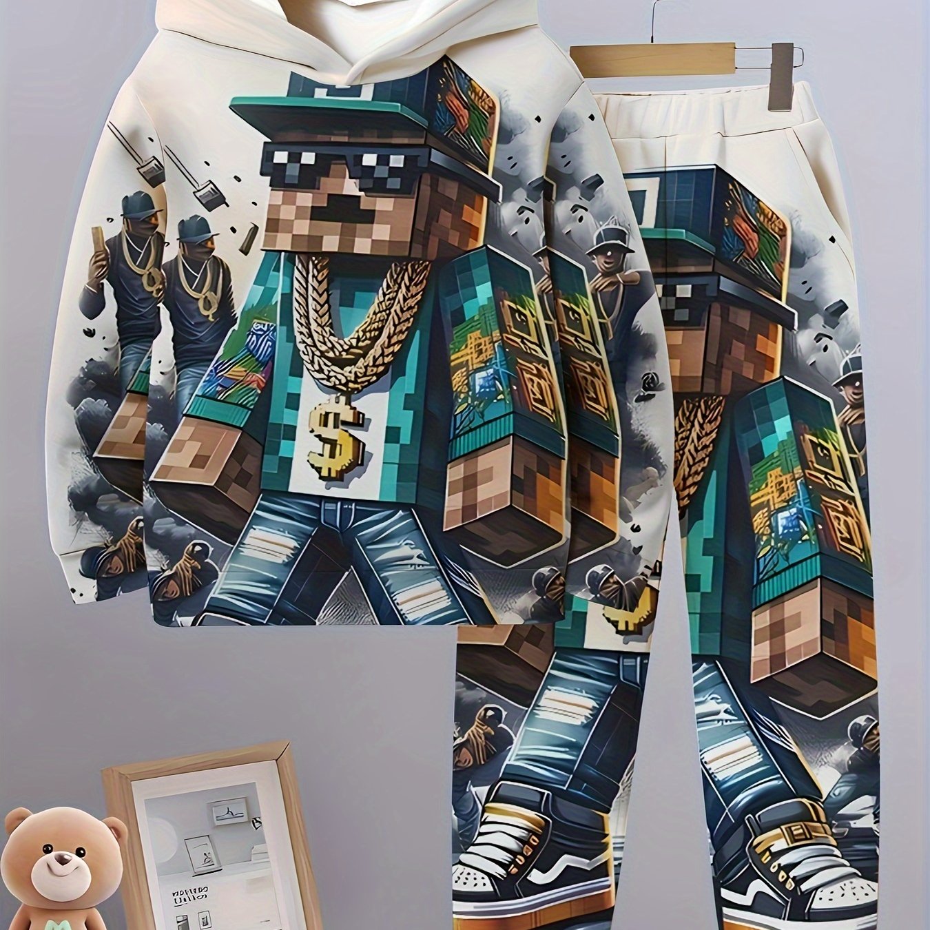 Boys' 2-Piece Hoodie and Pants Set with 3D Character Print for Spring and Fall