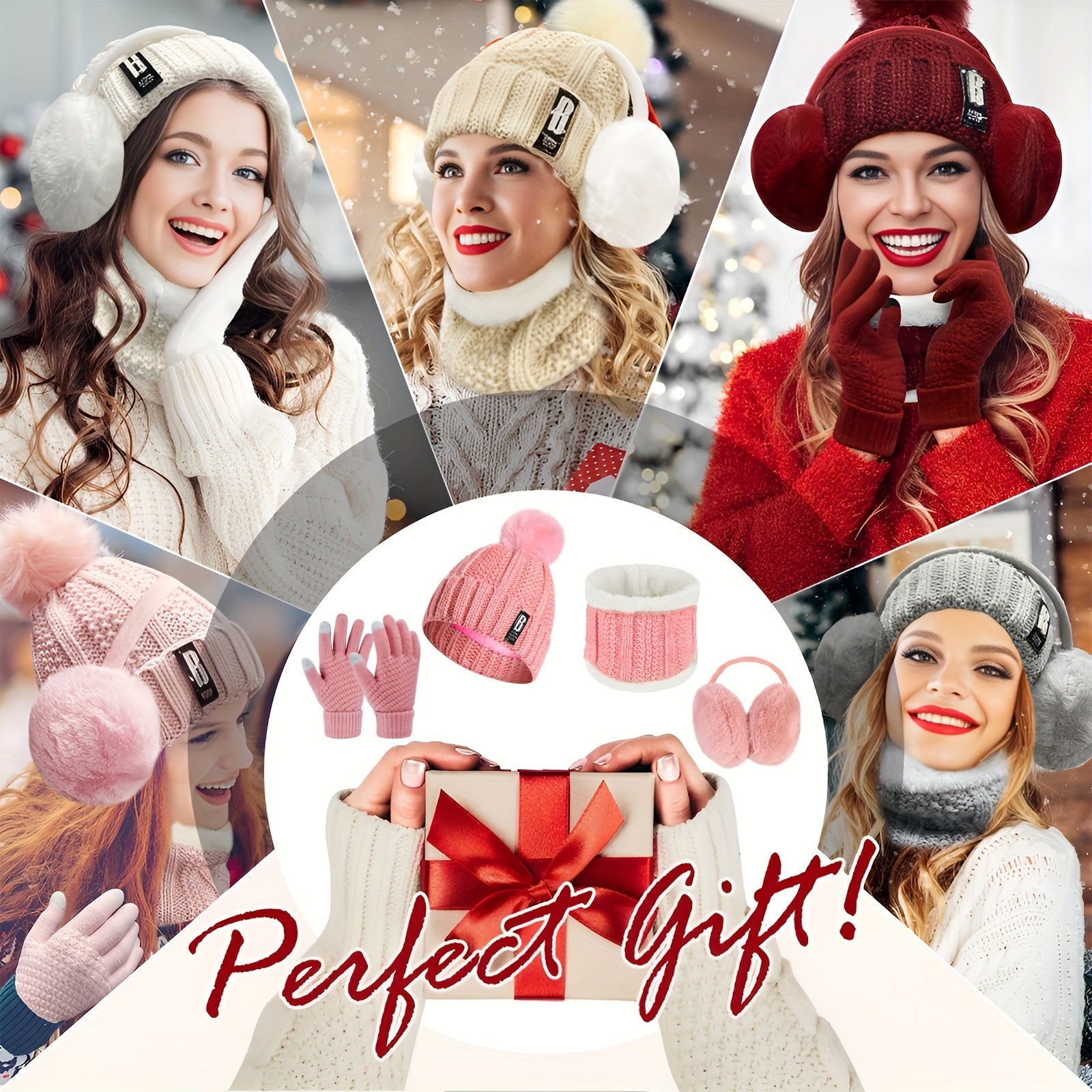 Winter Accessories Set for Women Polyester Knitted Beanie Hat Ear Warmers Gloves Scarf