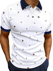 Men's Digital Print Golf Polo Shirt with Lapel Collar Stretch Knit Fabric Summer Regular Fit