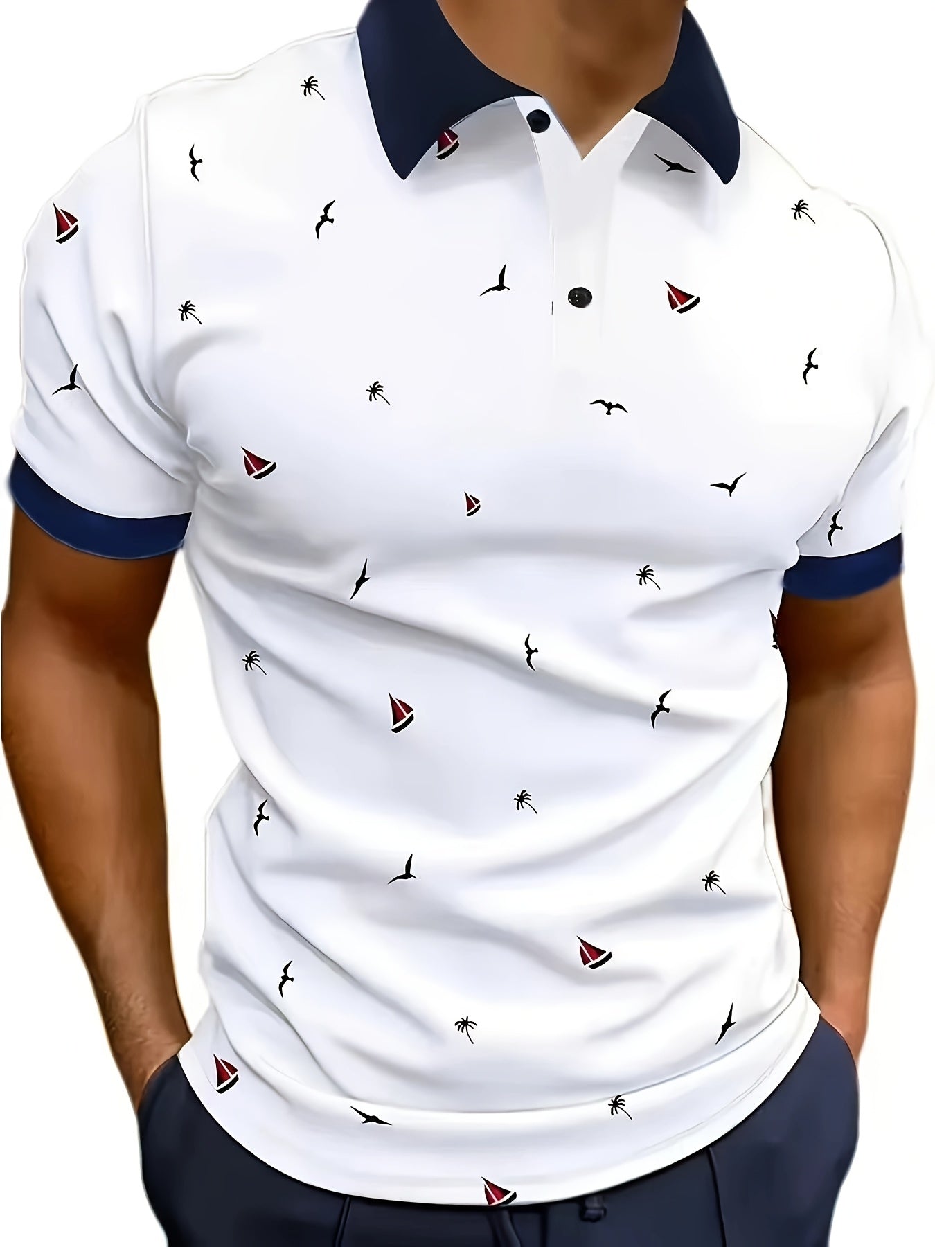 Men's Digital Print Golf Polo Shirt with Lapel Collar Stretch Knit Fabric Summer Regular Fit