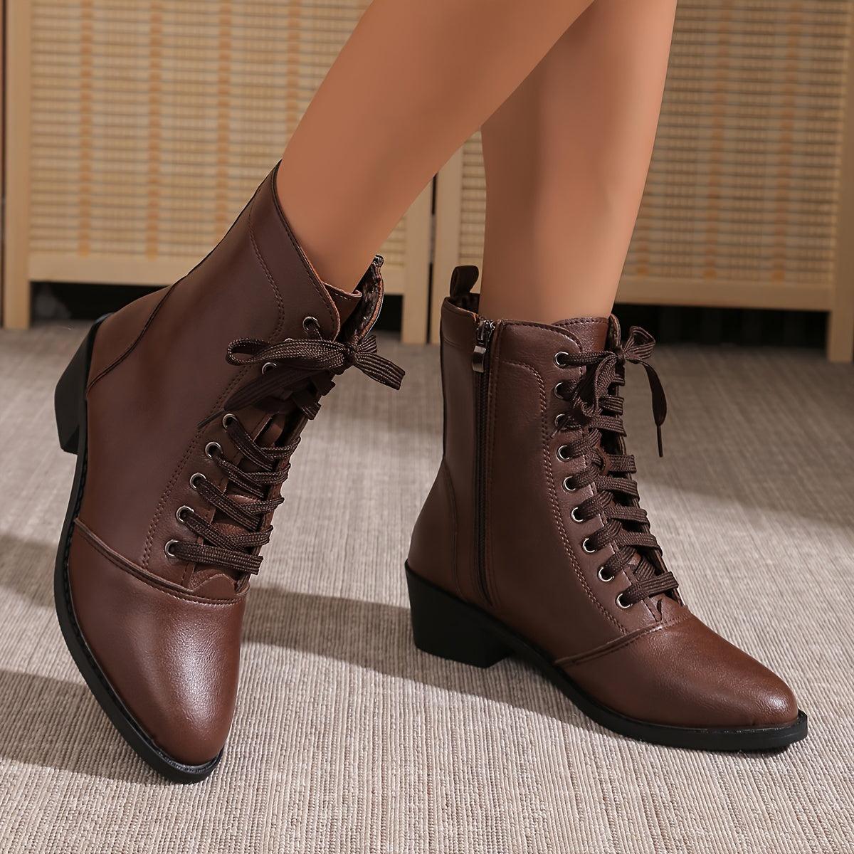 Women's Velvet Lined Mid-Heel Combat Boots with Side Zip and Chunky Heel