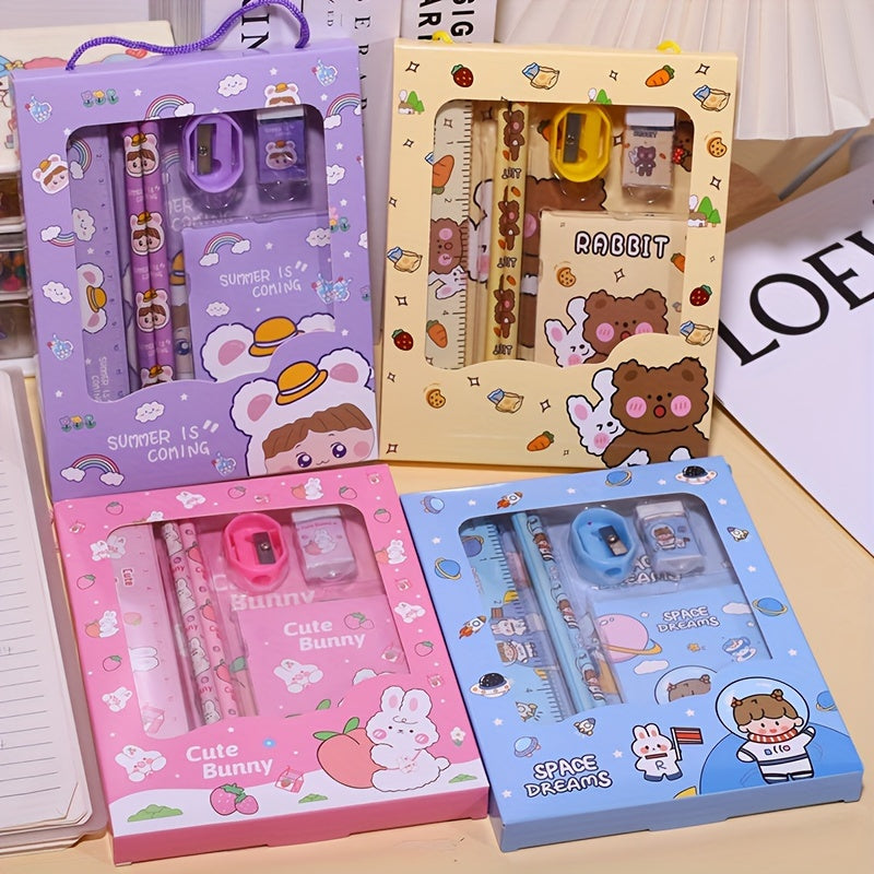 6-Piece Cartoon Wooden Stationery Set for Students and Gifts with Pencils Erasers Ruler Sharpener and Tote Bag