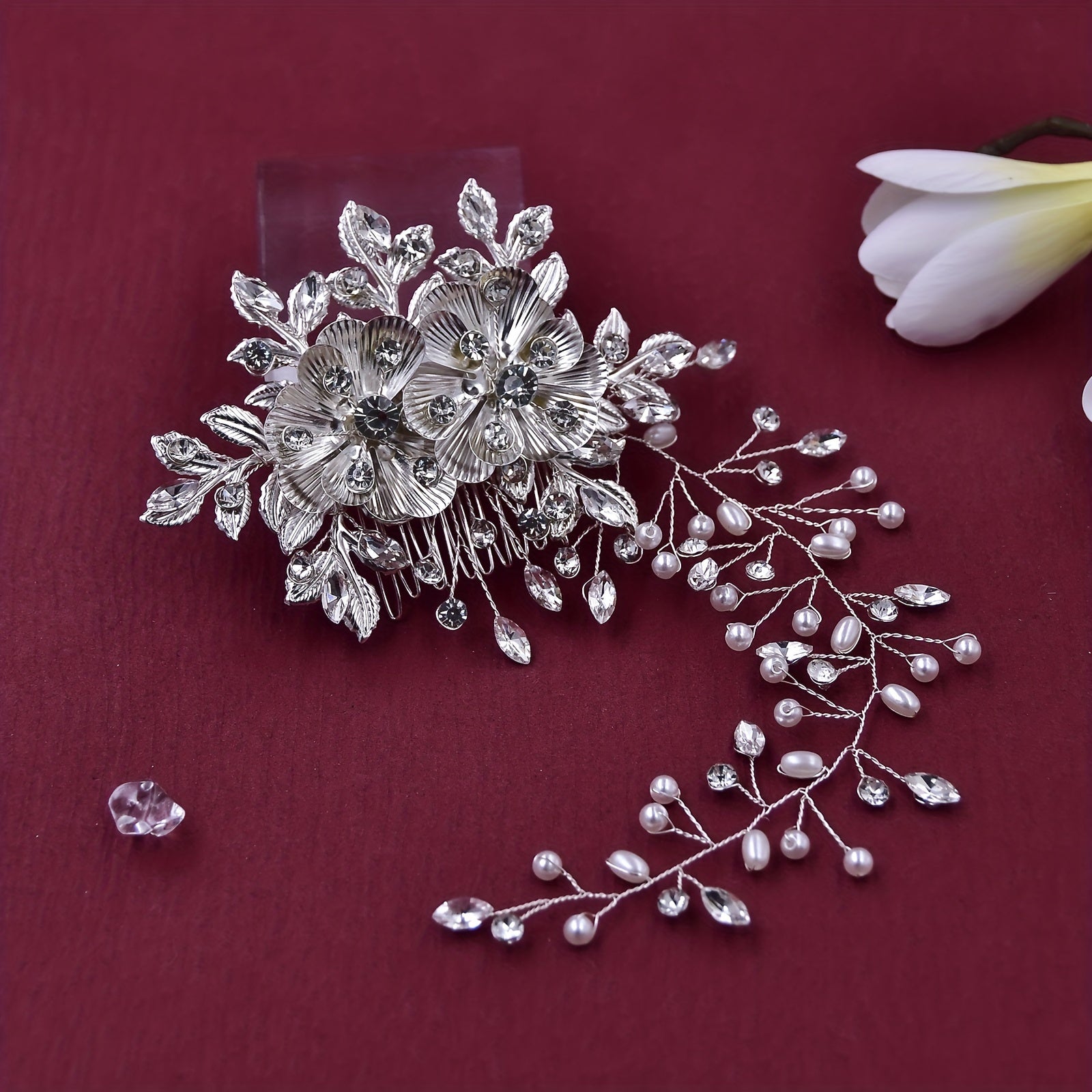 Elegant Rhinestone Hair Comb with Flower and Leaf Design for Bridal Wedding