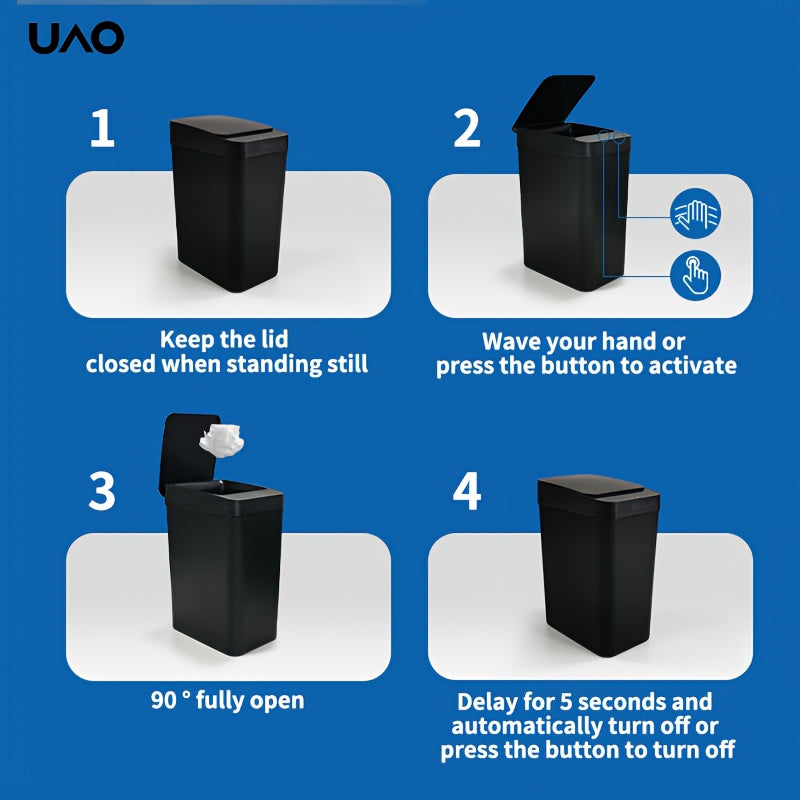 Batareyali Smart Slim Trash Can, oyoq bilan ochiladigan qopqog'i bilan oshxona va hammom uchun, hammom uchun ideal.