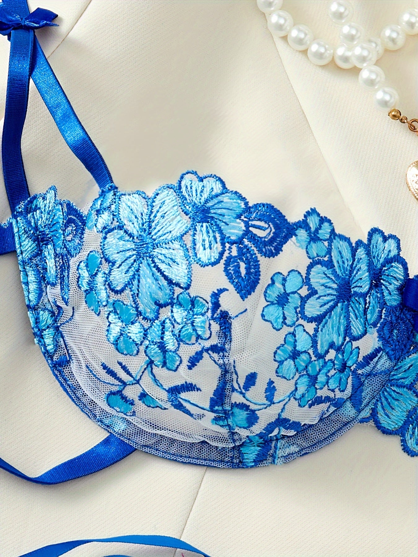 Women's Blue Floral Embroidered Lingerie Set with Sheer Mesh and Bow Details