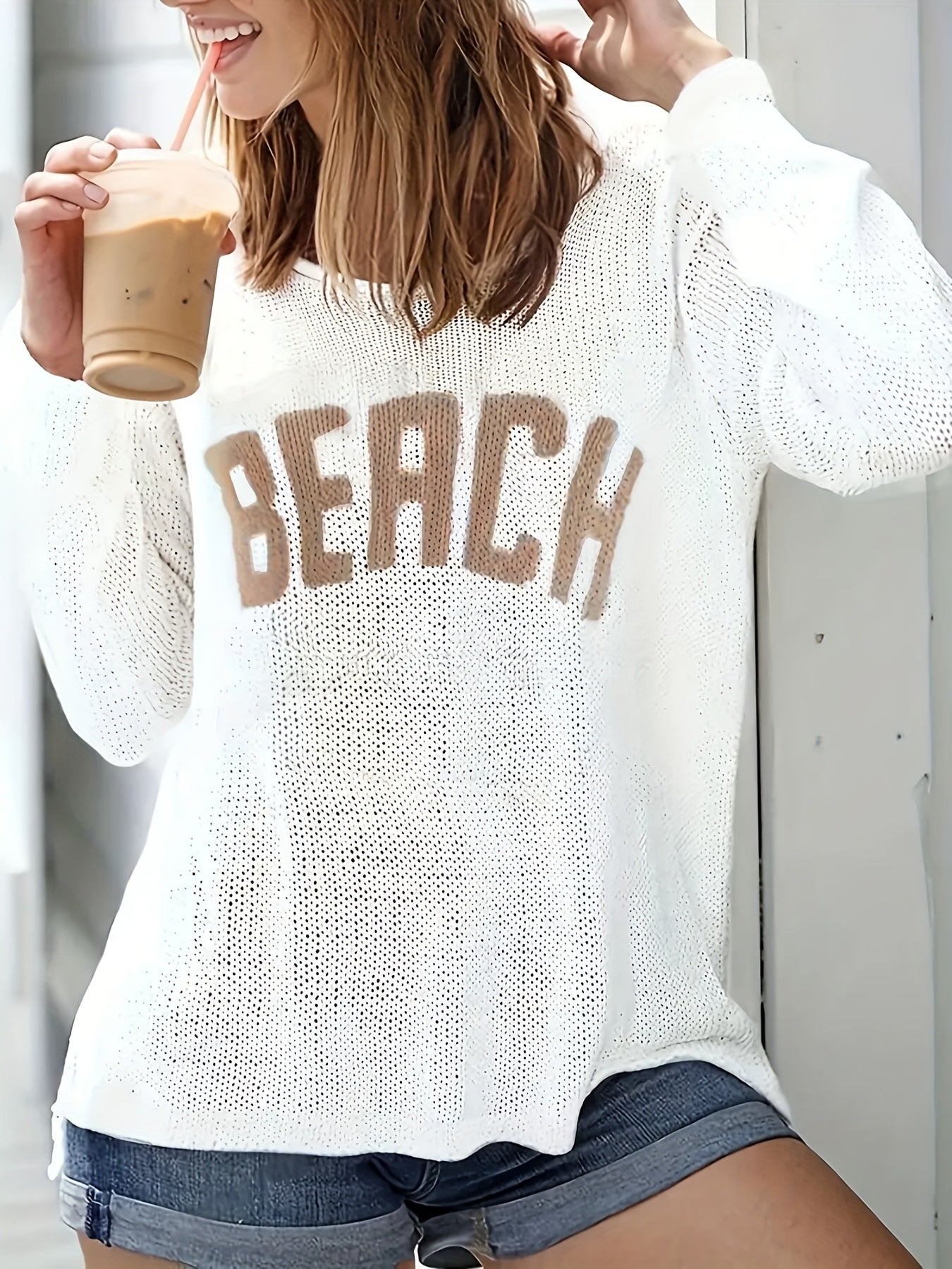 Plus Size Women's Beach Graphic Long Sleeve Sweater Casual White Brown Lettering