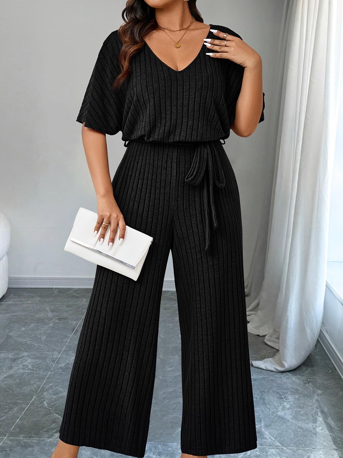 Plus Size Ribbed Wide Leg Jumpsuit Casual Belted Short Sleeve V Neck