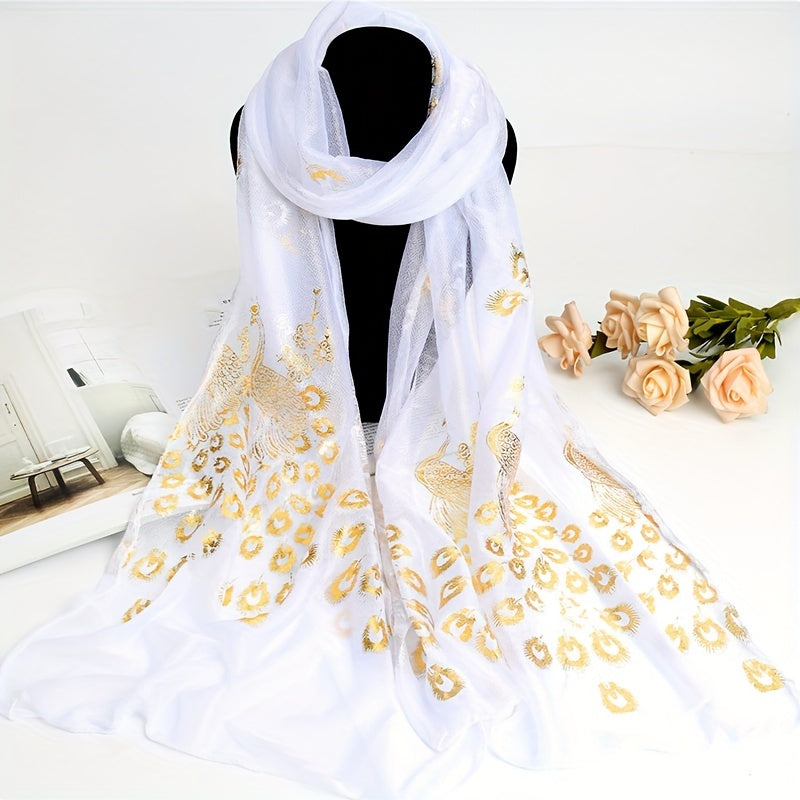 Women’s Peacock Print Lightweight Sun-Protective Polyester Scarf with Shimmering Foil