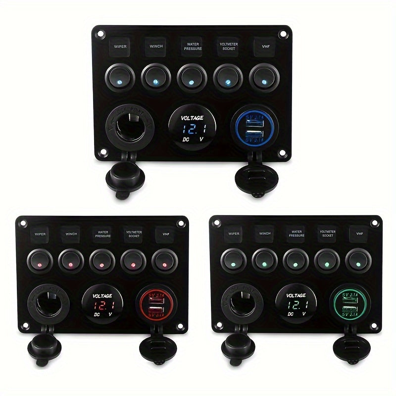 Multi-Function 5 Gang Rocker Switch Panel with USB Charger Volt and Fuse