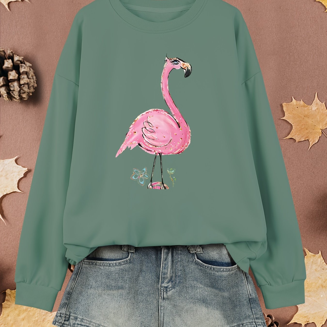 Women's Plus Size Flamingo Print Pullover Sweatshirt Long Sleeve Fall Spring