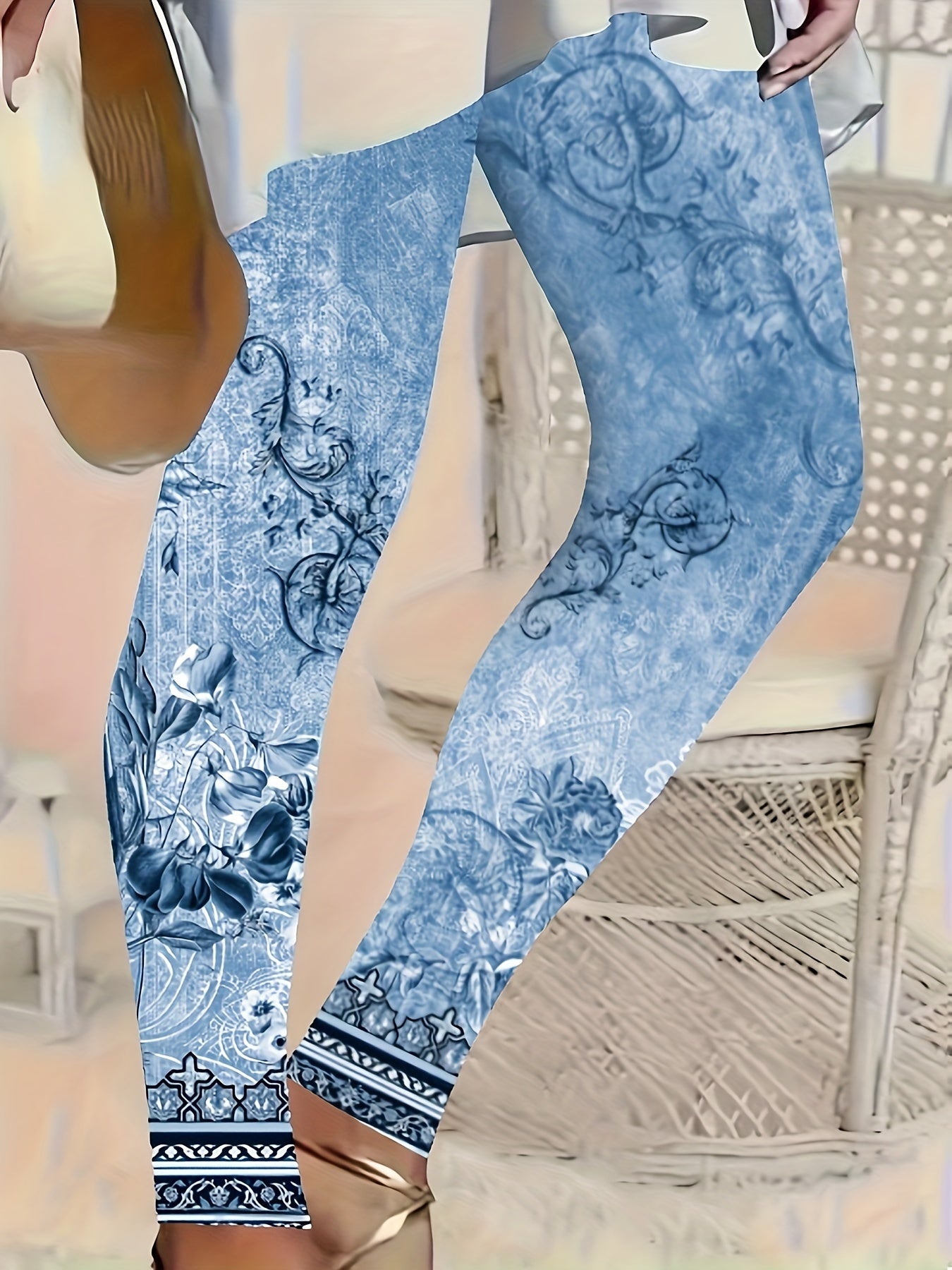 Women's Plus Size Floral Print Stretch Leggings Comfortable Polyester Blue Gray