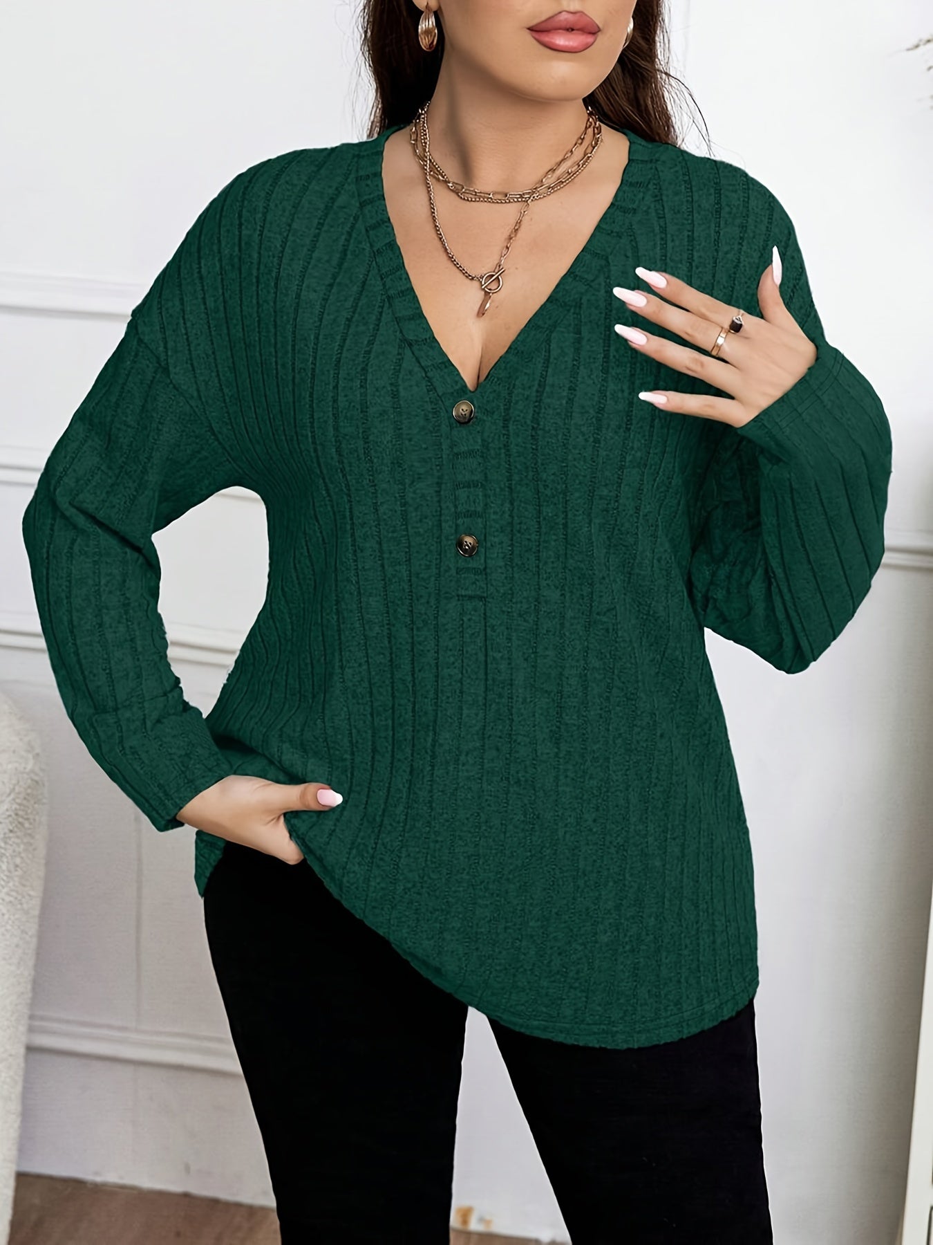 Plus Size V-Neck T-Shirt for Women Polyester Solid Button Decor Fall Spring