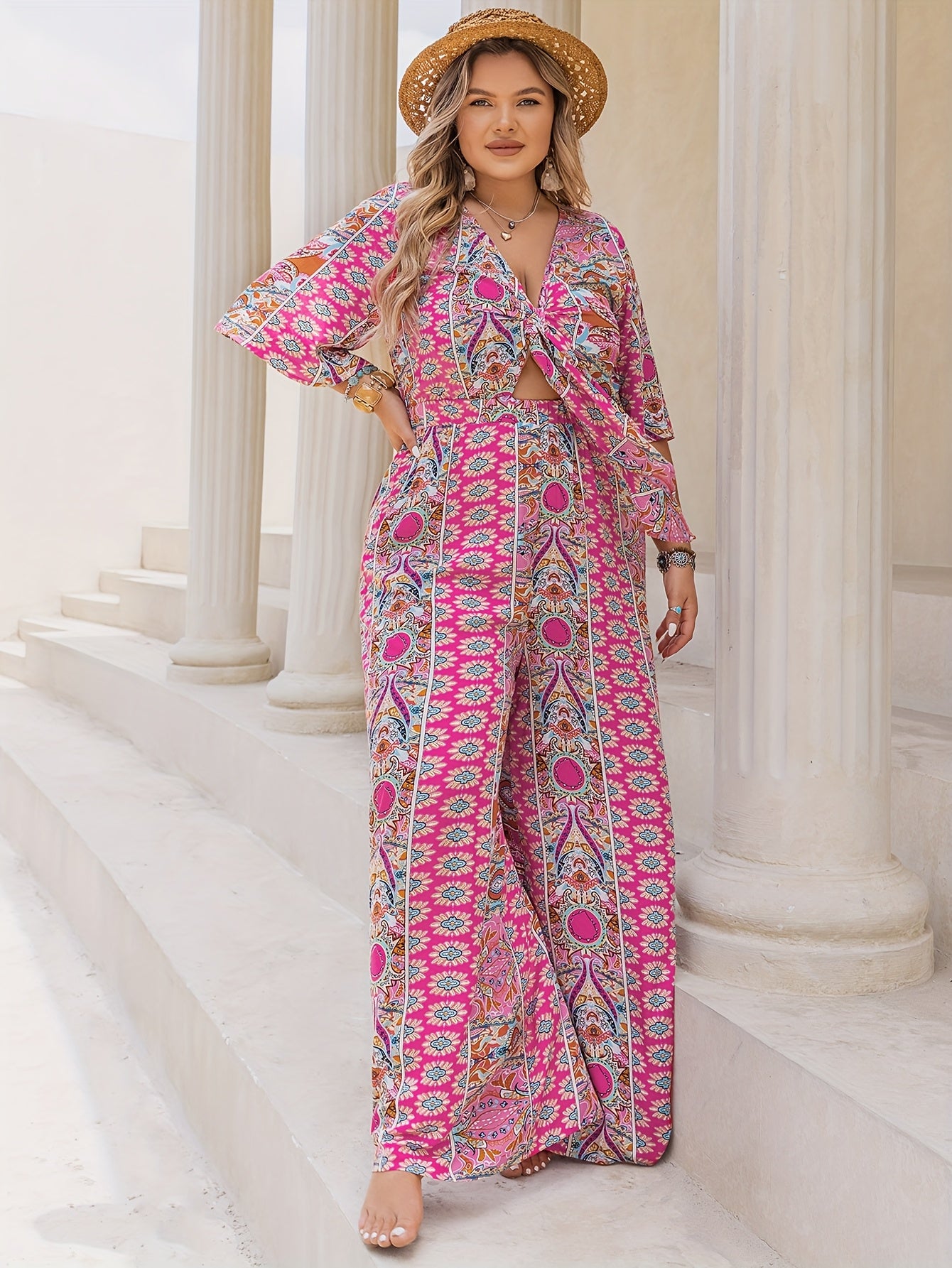 Plus Size Women's Bohemian Floral Print V-Neck Jumpsuit Long Sleeve