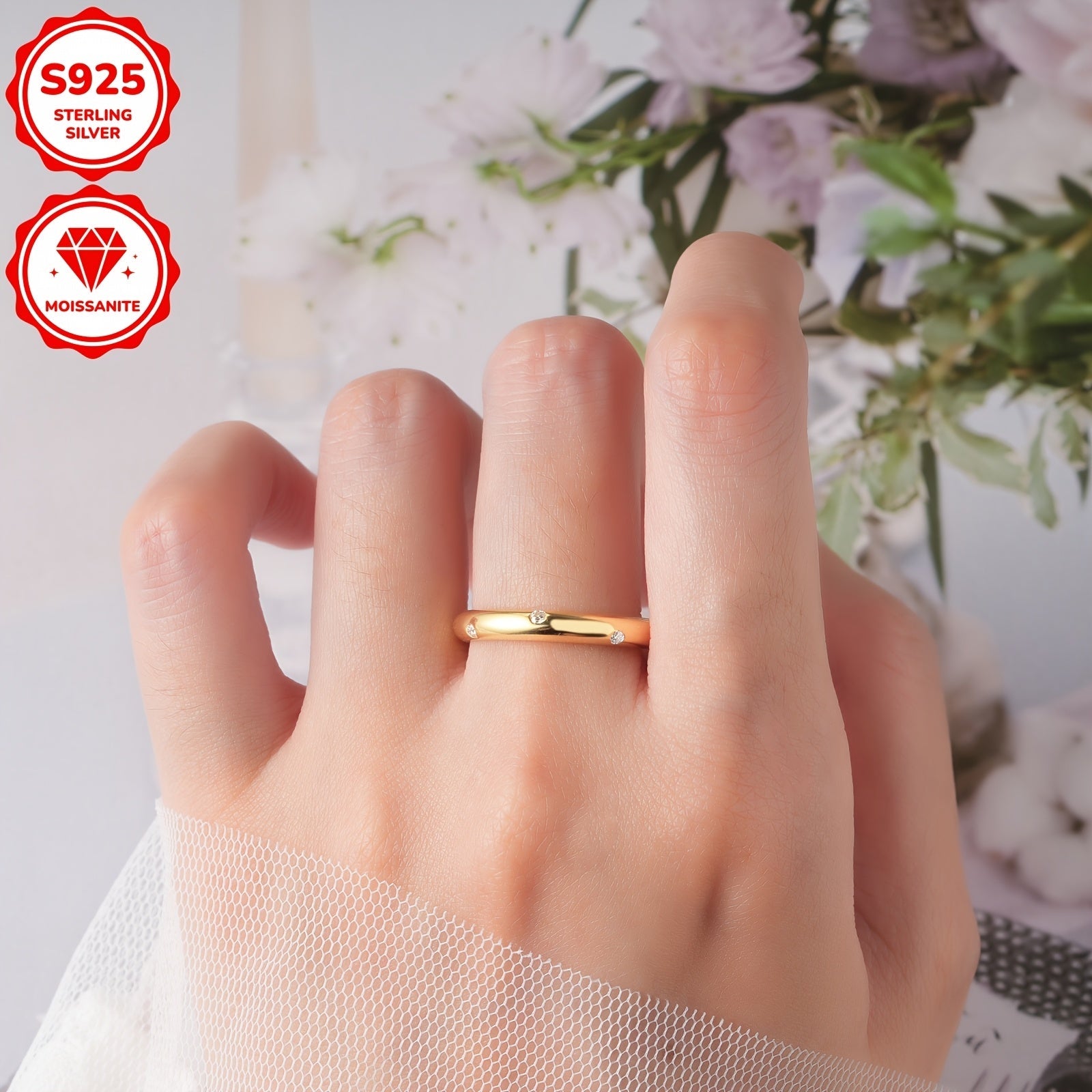 Sterling Silver Engagement Ring with Moissanite and April Birthstone 14K Gold Plated