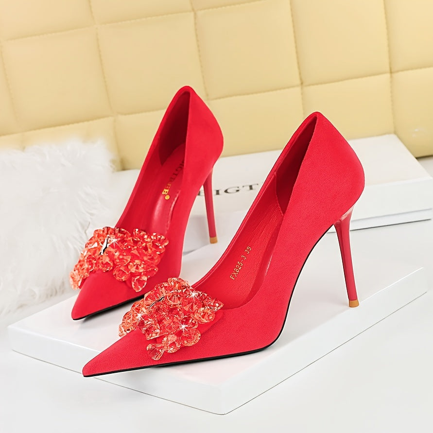 Women's Rhinestone Decor Stiletto Heels Point Toe Dress Pumps