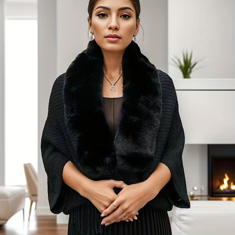 Elegant Acrylic Shawl Wrap with Faux Fur Collar Batwing Sleeves for Night Out