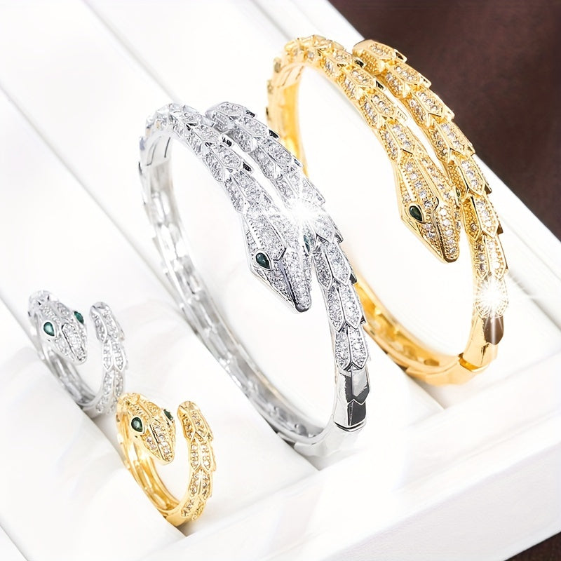 Women's Serpent-Inspired Jewelry Set with Zirconia Bracelet and Ring