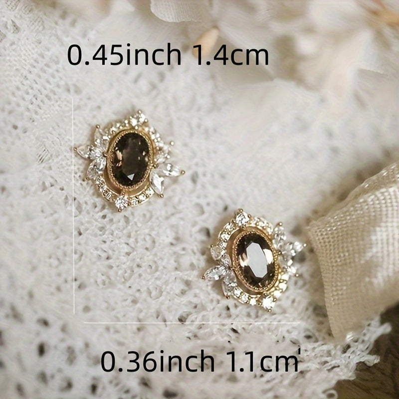 Sterling Silver Stud Earrings for Women with Brown Zirconia Decor