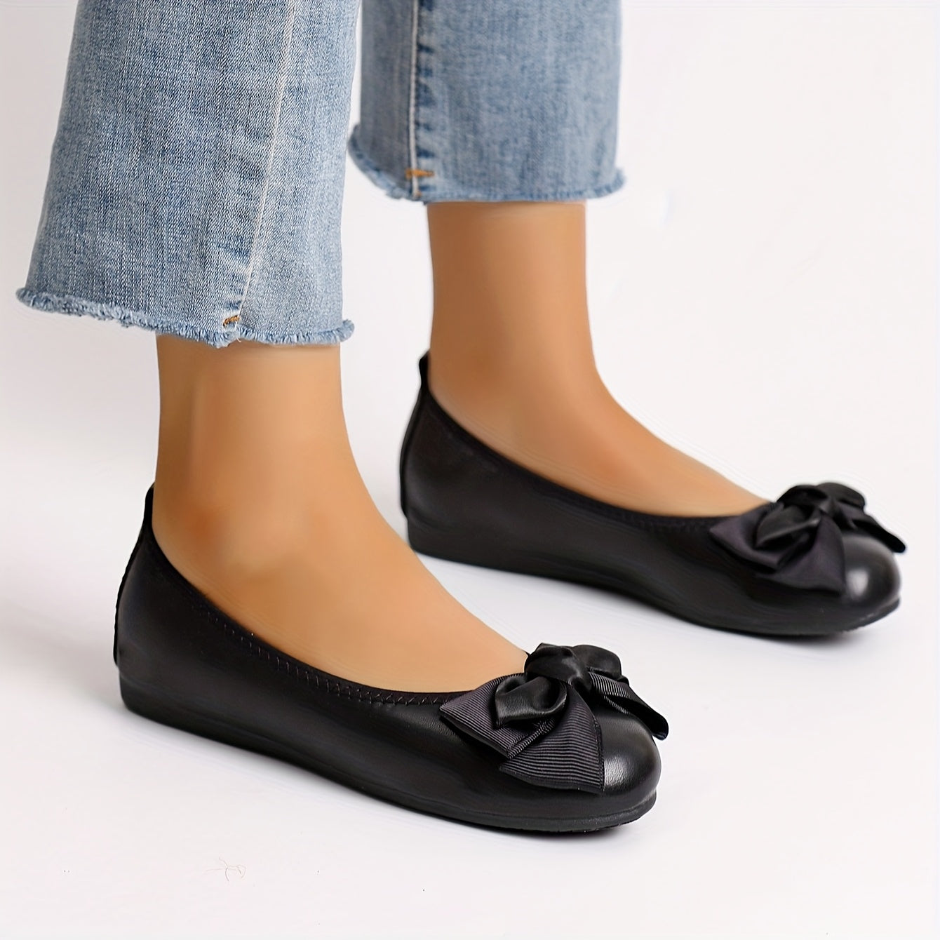 Women's Ballet Flats with Bow Detail Light Gray Slip-On Shoes All-Season