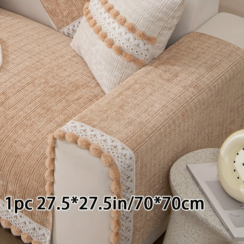 Зеленый чехол для дивана из шенилла с помпонами - водонепроницаемый и дружелюбный к домашним животным, подходит для всех размеров диванов (на 1-4 человека) - легкий в уходе, можно стирать в машине, с кисточками, идеален для любого декора комнаты