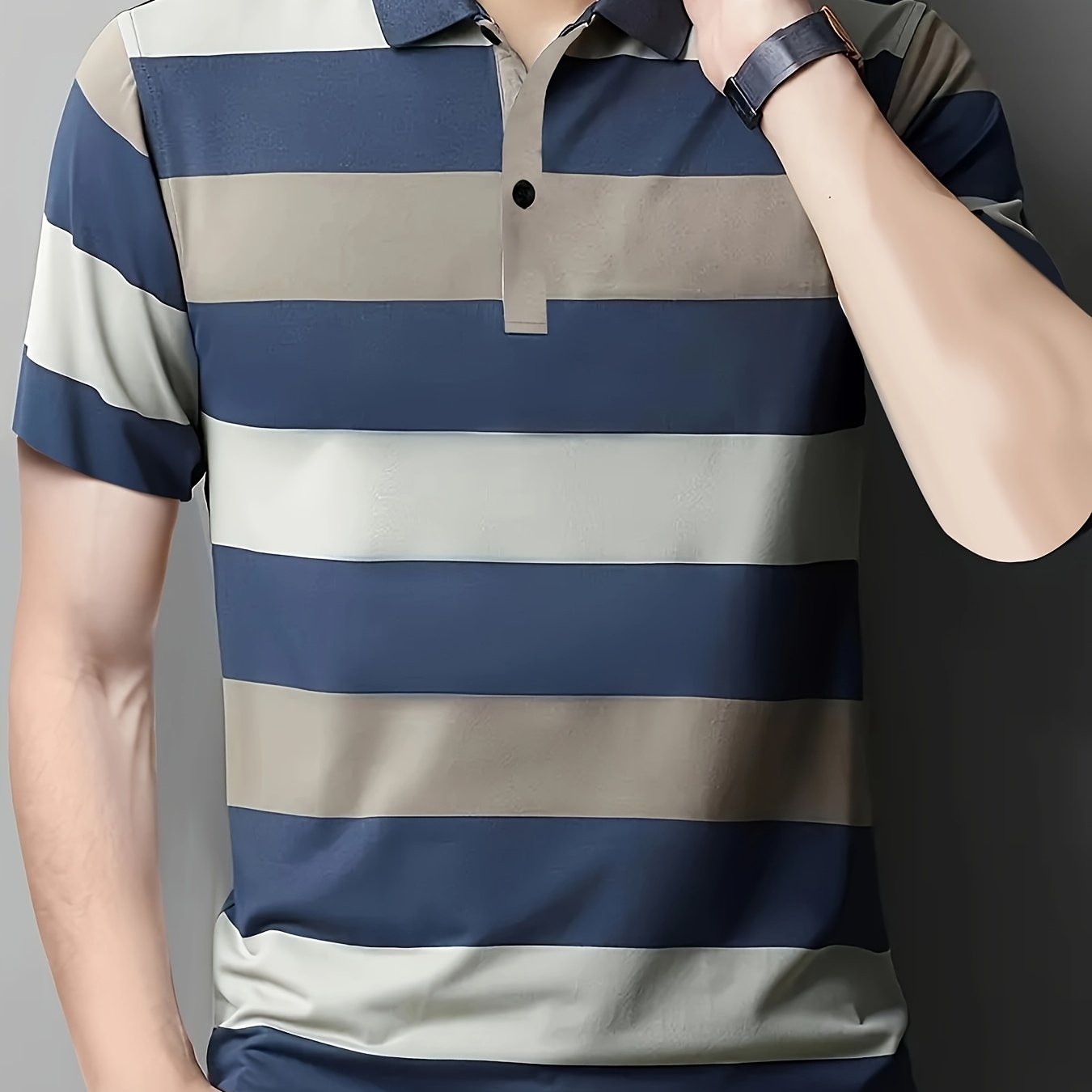 Camisa casual de hombre a rayas coloridas de poliéster para primavera y verano, corte regular