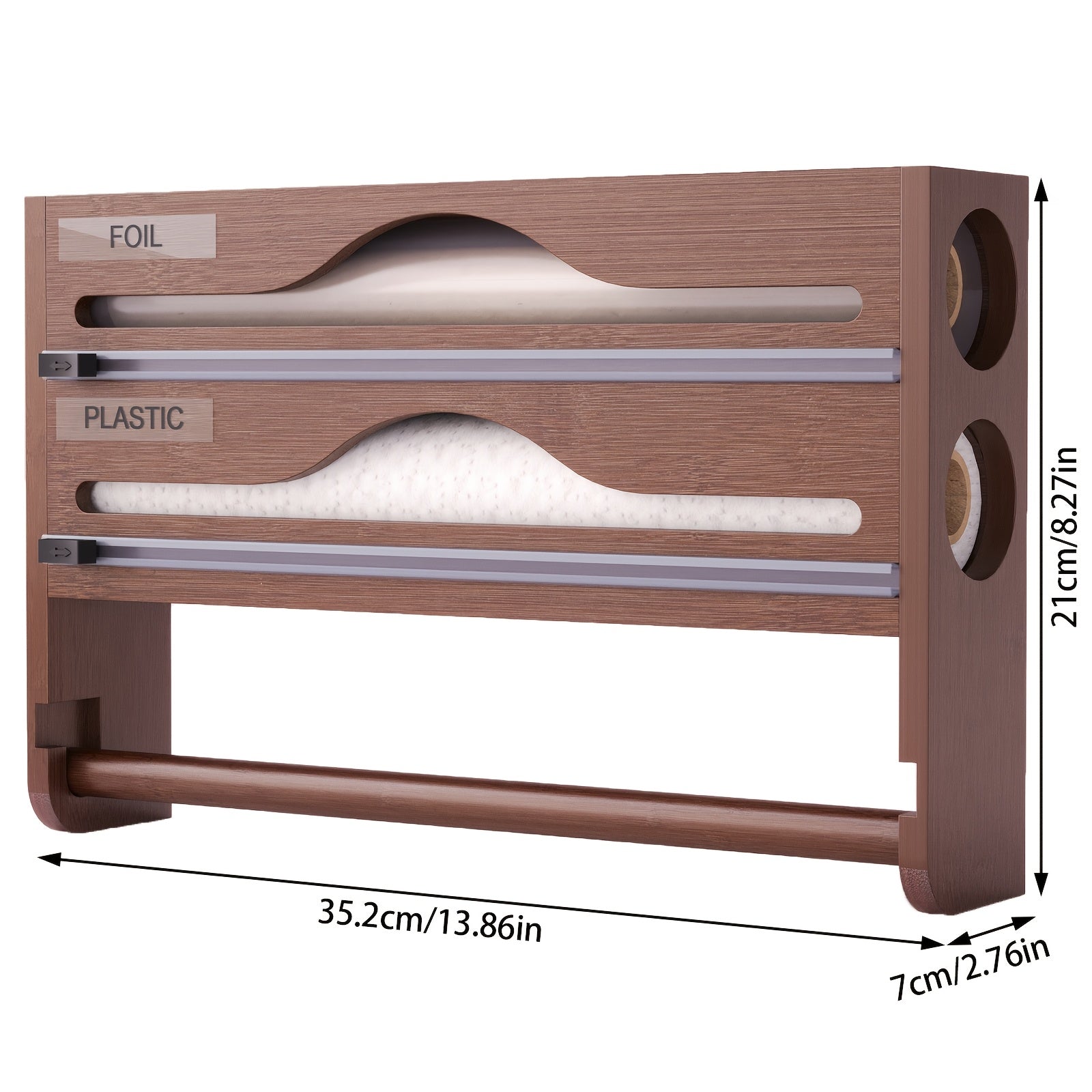 Bamboo 4-in-1 Kitchen Organizer for Foil Plastic Wrap Paper Towels with Cutter