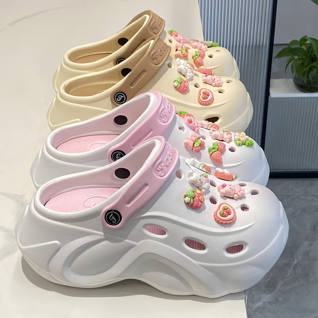 Women's EVA Hole Shoes with Pink Bunny Heel Sunflower Accessories