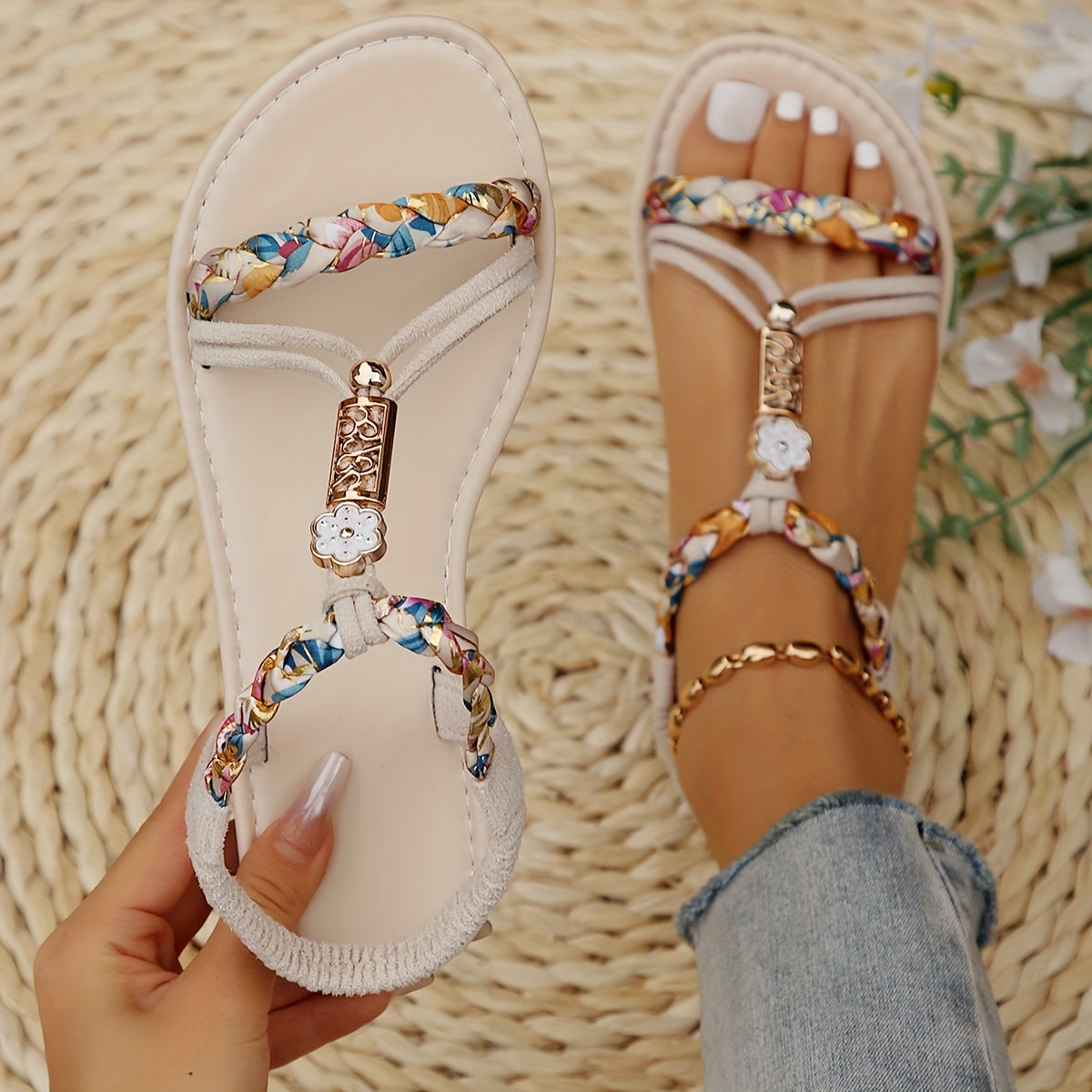Women's Bohemian Beaded Sandals Open-Toe Summer Shoes Adjustable Straps