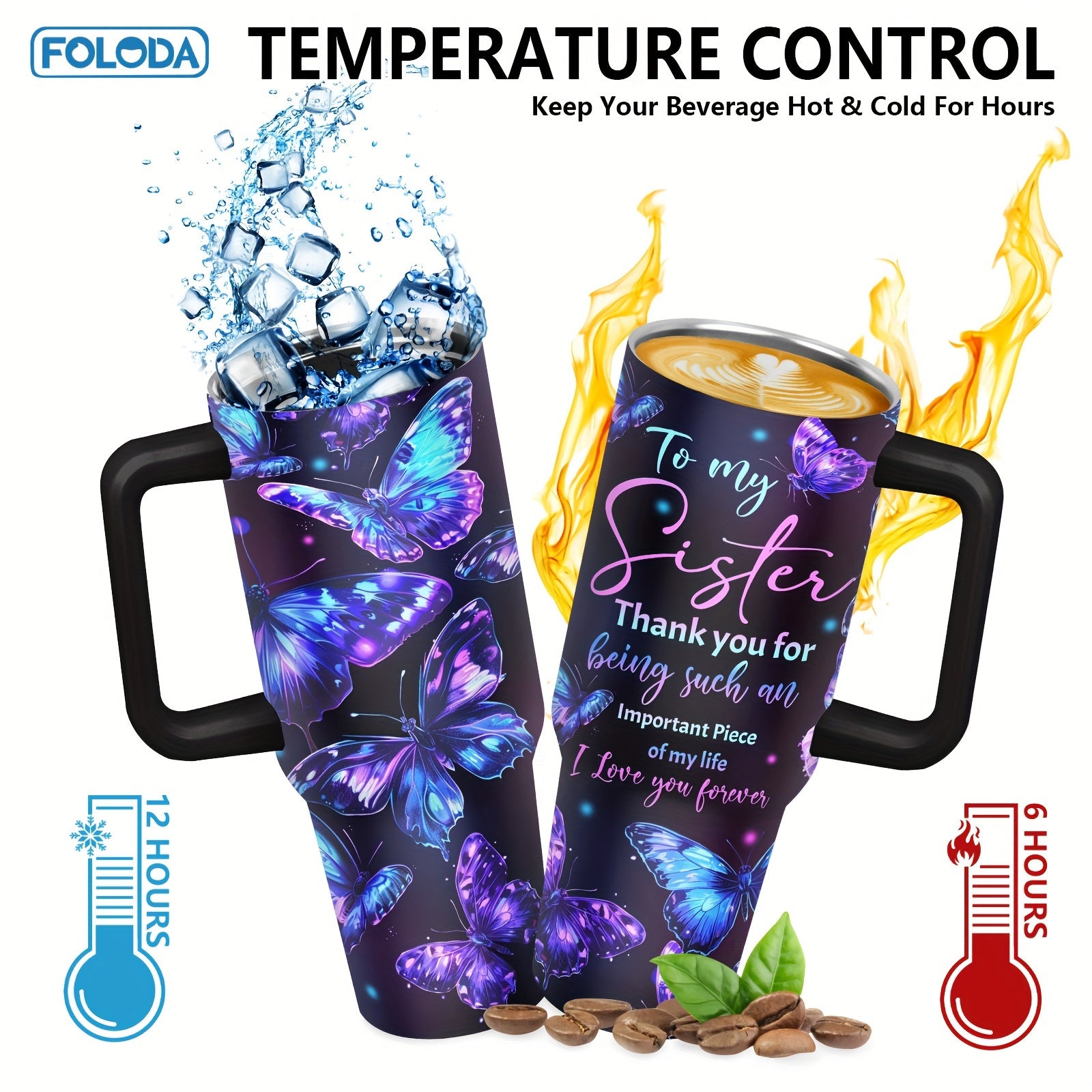 40oz zanglamaydigan po'latdan tayyorlangan tumbler, kapalak naqshli va quvurlar bilan, ochiq havoda faoliyat uchun