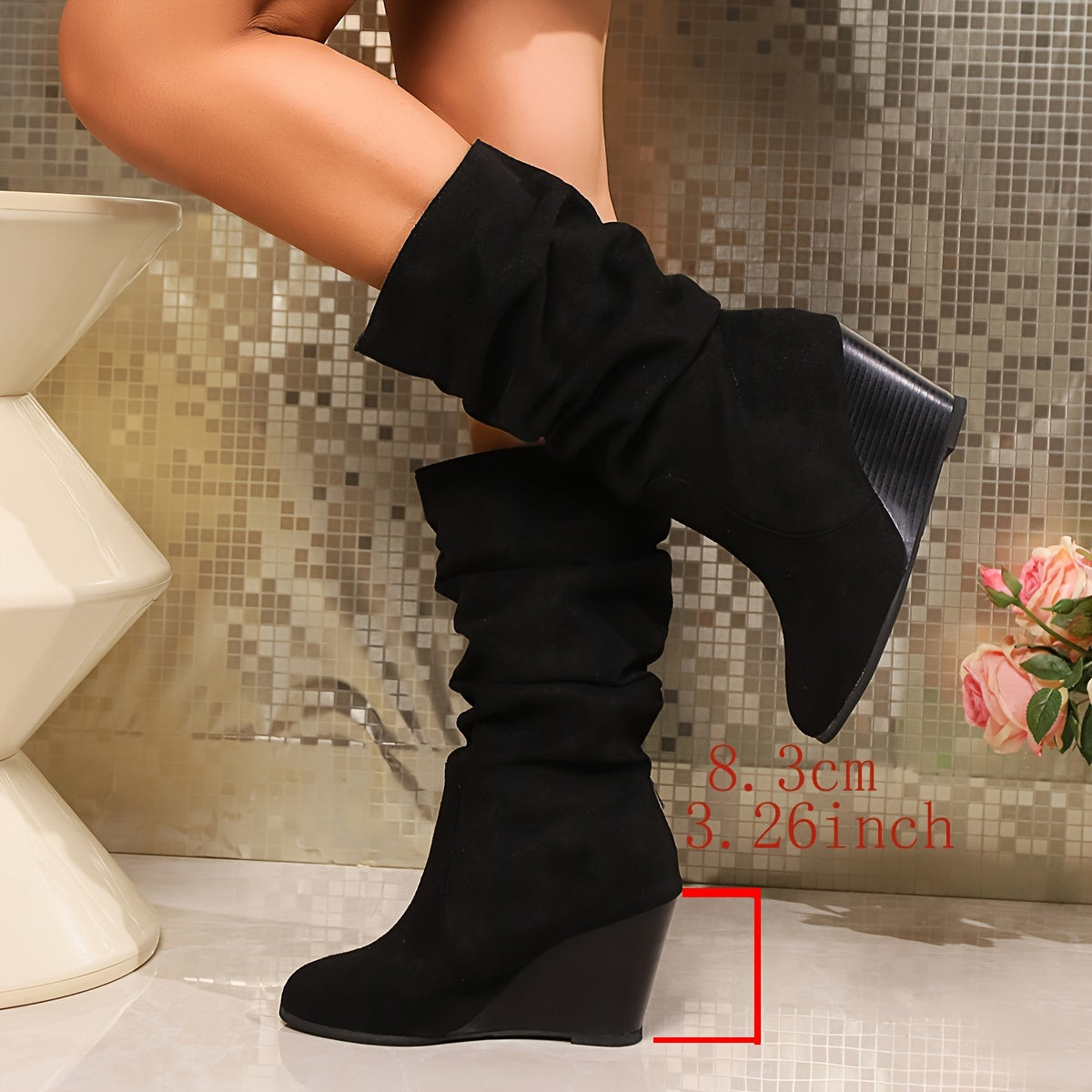 Women's Black Slip-On Wedge Heel Boots Mid-Calf Casual Travel