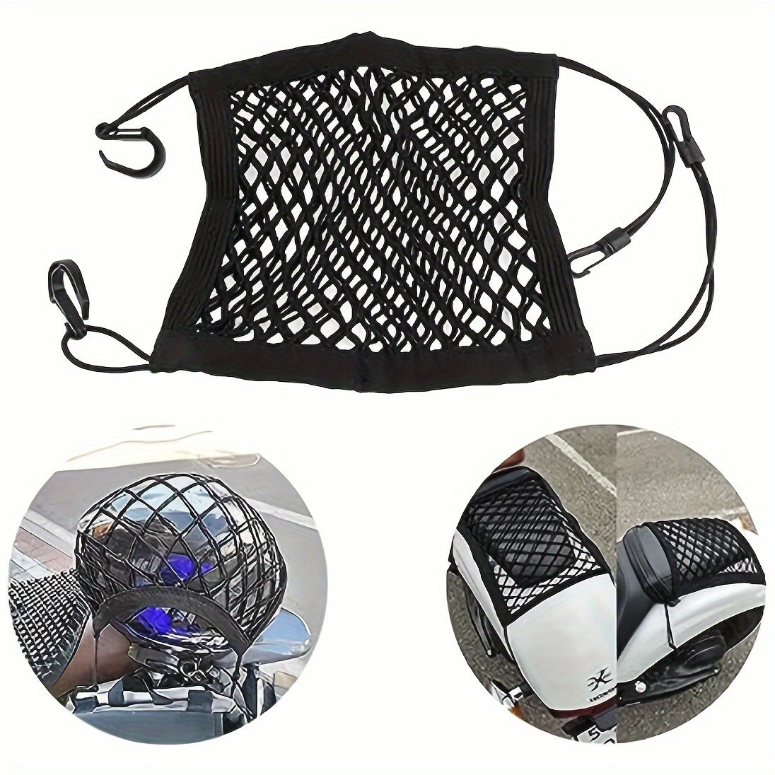 Universal Fit Motorcycle Scooter Cargo Net with Helmet Holder Polyester Mesh