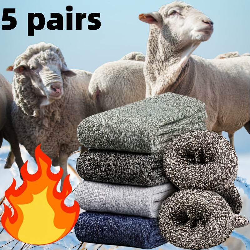 Men's Wool Blend Mid-Calf Winter Socks Set of 5 Solid Colors Warm Casual Gift-Ready