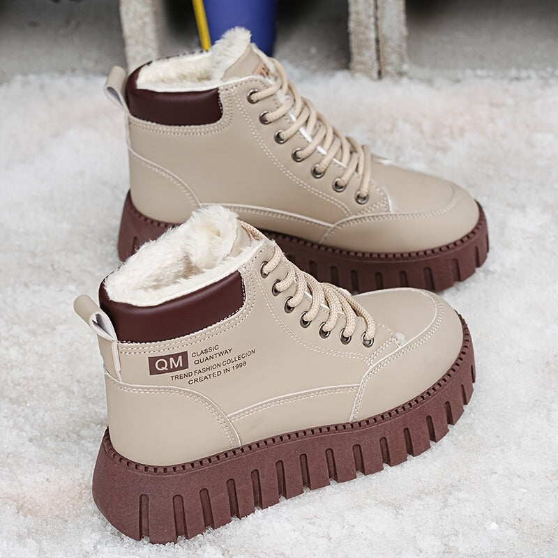 Women's Fleece-Lined Beige Mid-Heel Platform Ankle Boots
