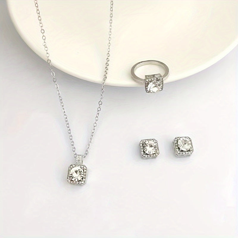 4-Piece Rhinestone Jewelry Set for Women and Teens Necklace Earrings Ring White Alloy