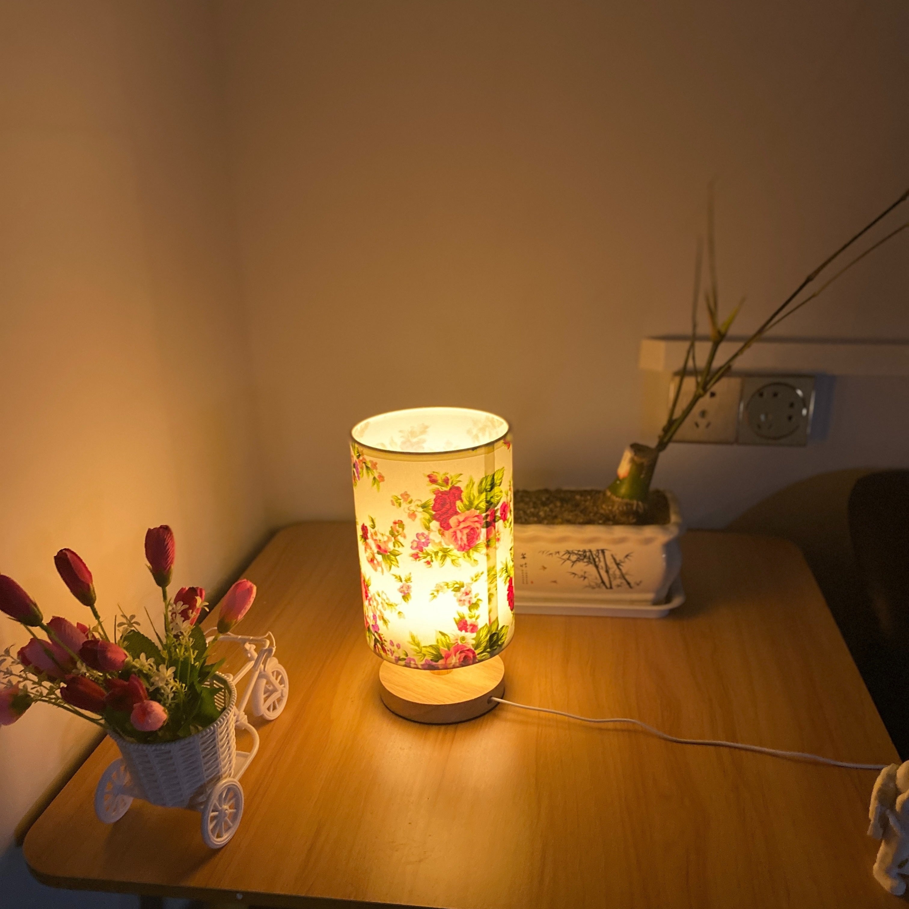 Flower Print Wooden Bedside Table Lamp with Nightstand Function