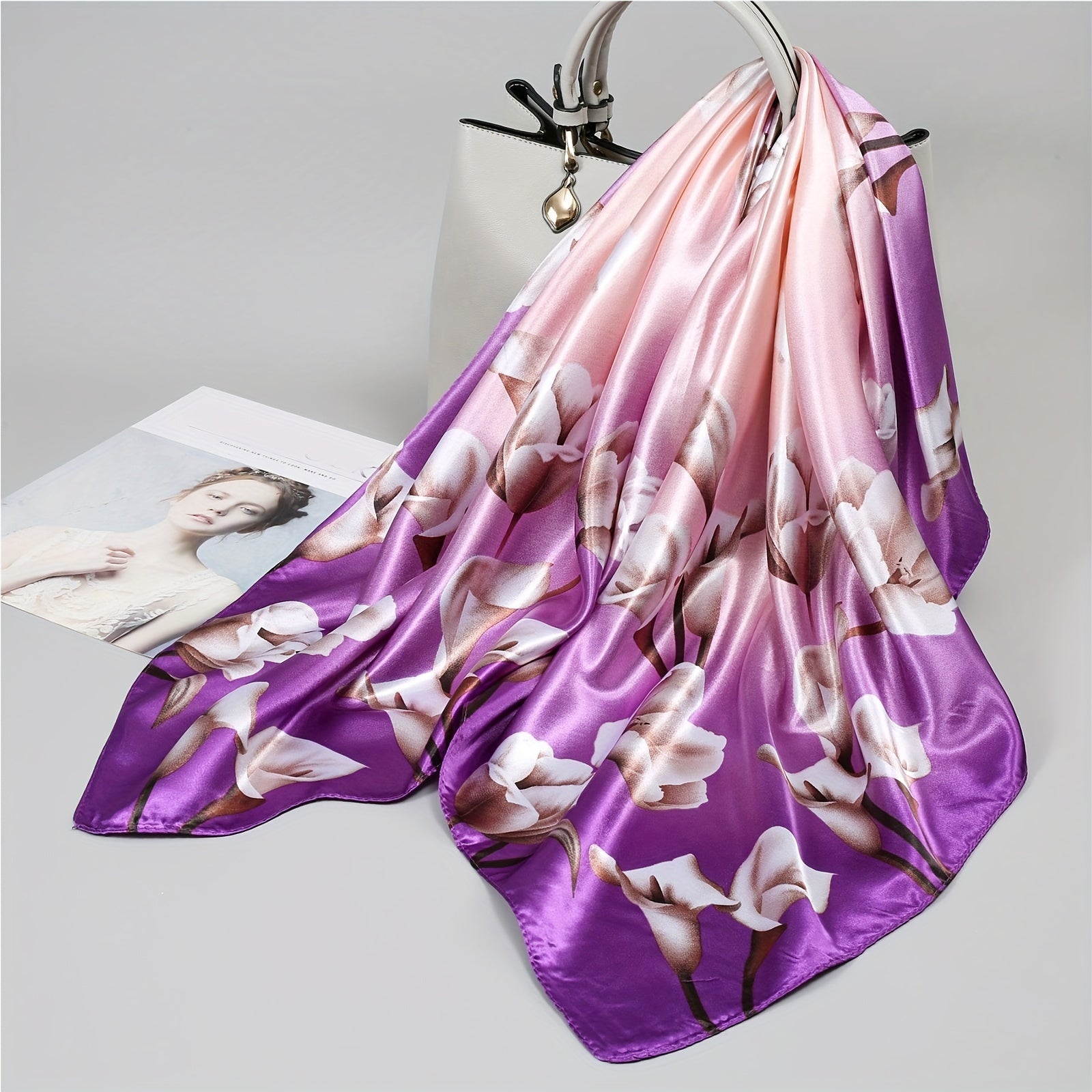 Blue Floral Print Square Scarf Women Lightweight Windproof Sun Protection Casual