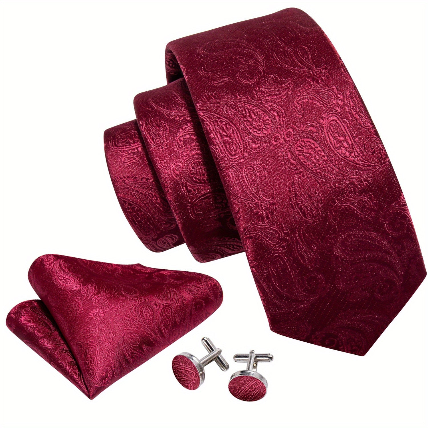 Elegante conjunto de corbata para hombre en burdeos con diseño de cachemira, que incluye pañuelo de bolsillo y gemelos - Hecho de poliéster, tejido en un diseño elegante para eventos formales y bodas, corbata y accesorios