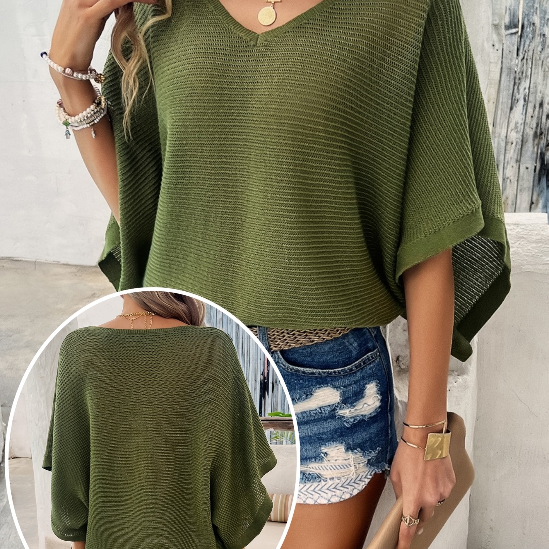 Plus o'lcham ayollar uchun yengil batwing yengli V-shakli bo'yinli ko'ylak, kundalik yozgi ofis kiyimi