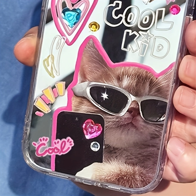 Funda para teléfono con gafas de gato y espejo de diamantes, rhinestone, TPU para niñas