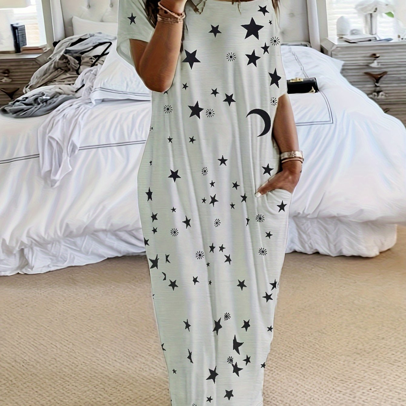 Women's Lounge Dress Plus Size Tie Dye Butterfly Heart Print One Shoulder Sleep Dress With Pockets