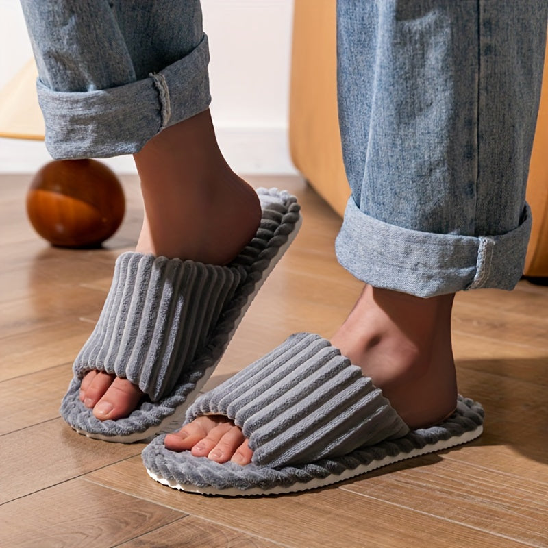 Men's Corduroy Striped Indoor Slippers with Fabric Lining and EVA Sole