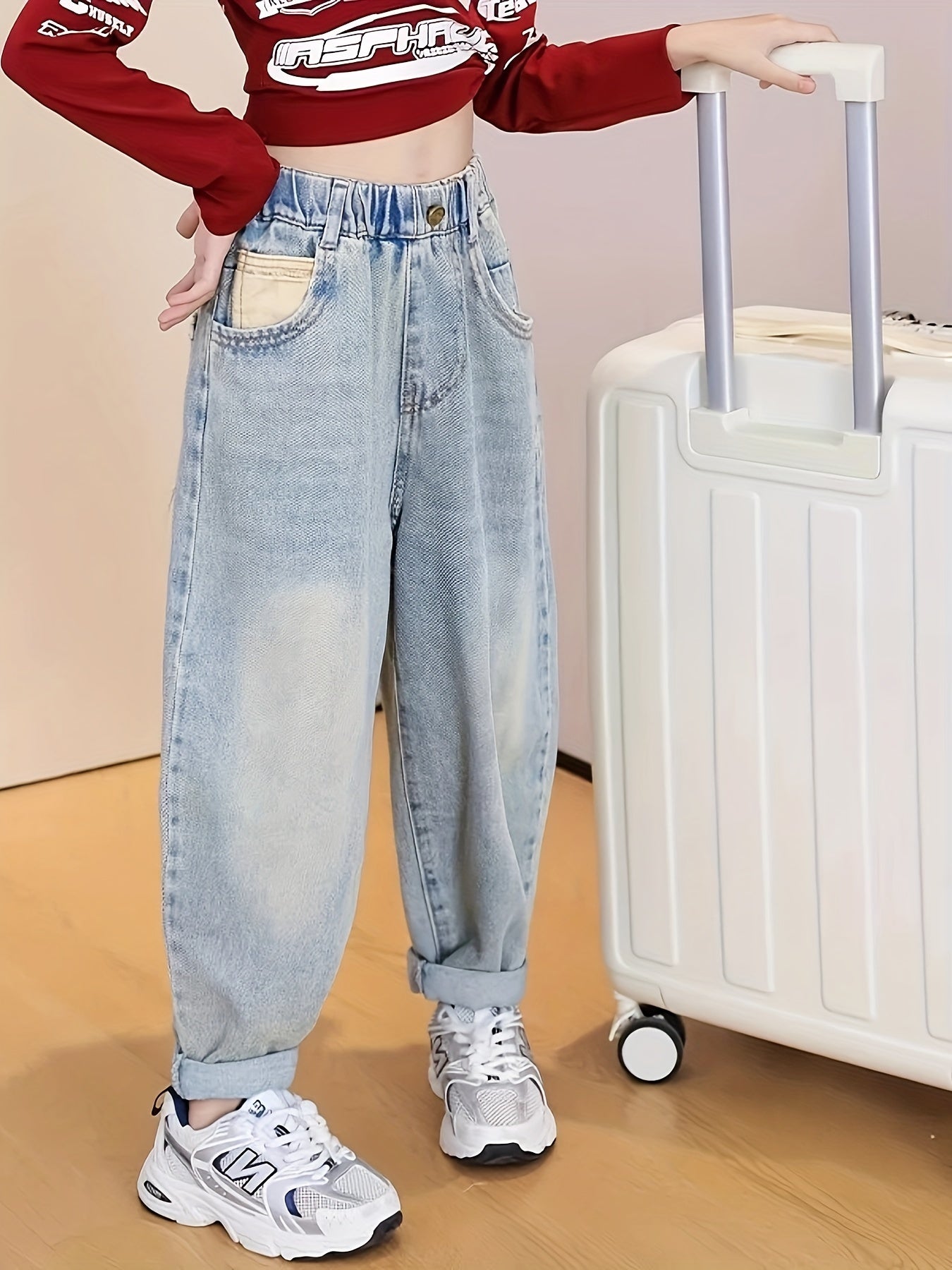 Джинсы для девочек свободного кроя с широкими штанинами из хлопкового микса в ковбойском стиле