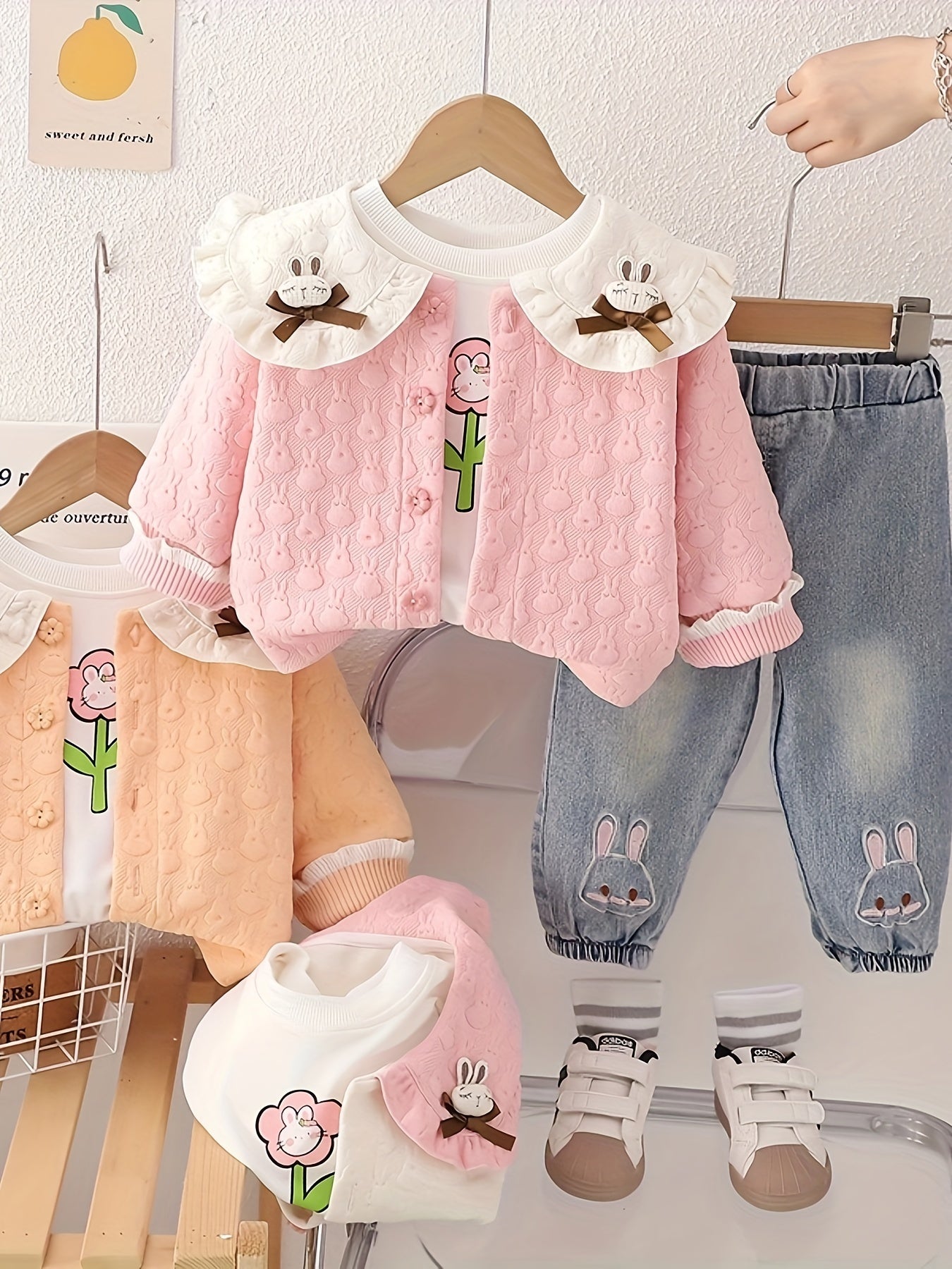 Girls' 3-Piece Spring Autumn Fashion Set with Floral Print Ruffle Collar Denim Pants